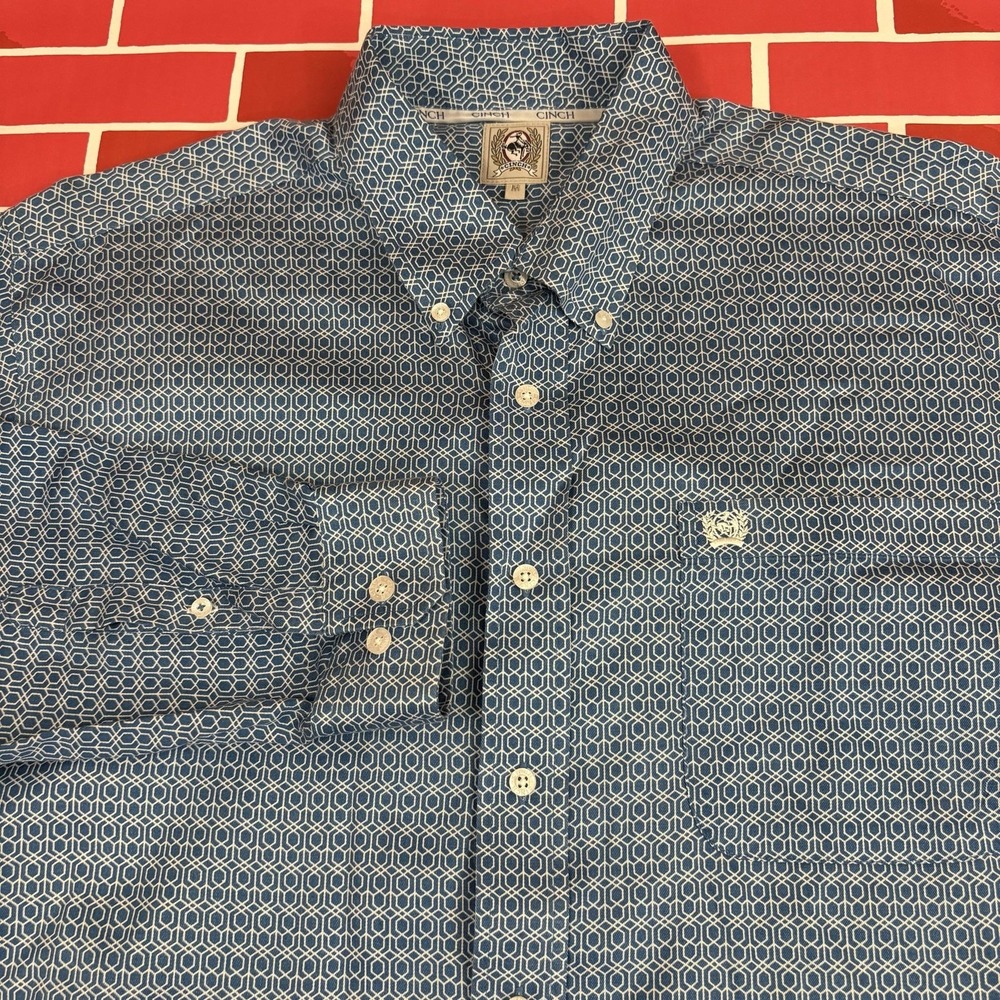 Cinch Geometric Shirt Mens M Blue Button-Down Long Sleeve Western Casual